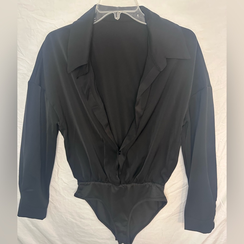 Gorglitter Black Collared Long Sleeve Bodysuit Top M Blazer Wrap